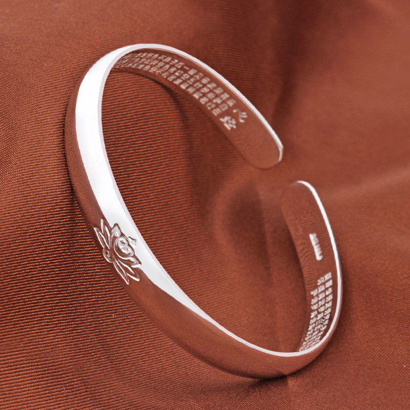 莲花银手镯女纯银9999开口心经银镯子饰品实心民族风年轻款银手环