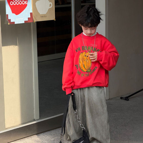 儿童加绒卫衣2026冬装新款韩版男童一体绒卡通印花套头休闲卫衣