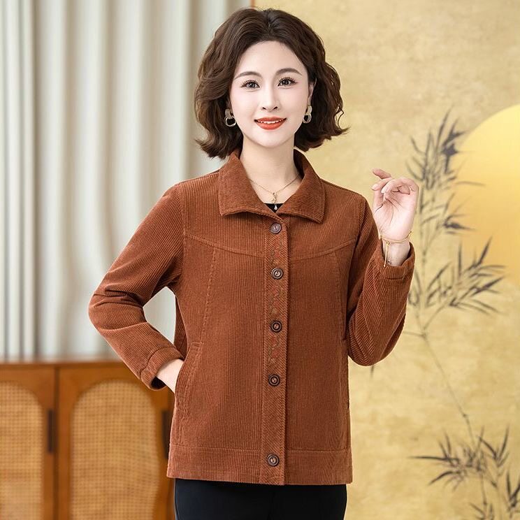 中老年人春装女短款外套奶奶春秋灯芯绒夹克衫妈妈上衣老太太衣服