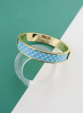 金边天蓝色白色格子款格纹时尚简约百搭弹簧磁石手镯