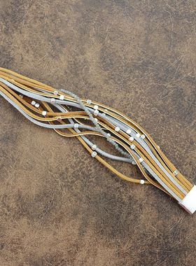 欧美时尚复古中古款多层灰色皮绳磁吸手链vintage