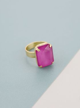 RA欧美时尚玫红色长方形宝石戒指轻奢小众设计感高级感气质百搭