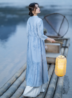 【碧波舟行】中式复古印花连衣裙偏襟荷叶边裙白色裤子女2026春季