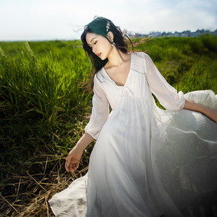 宽松V领灯笼九分袖 长裙 新款 白色雪纺连衣裙女2025夏季 158元 区