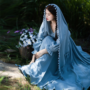 【蓝屿风】复古蓝色系V领连衣裙女秋季2025新款收腰蕾丝大摆长裙