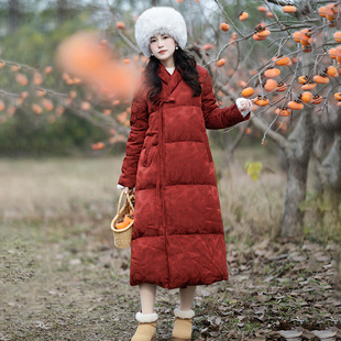 新中式 文艺系带羽绒服女冬长款 仿真丝提花过膝白鸭绒 朱颜长安