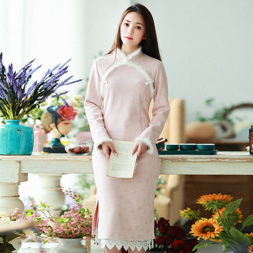 麂皮绒长裙新款印花初春旗袍