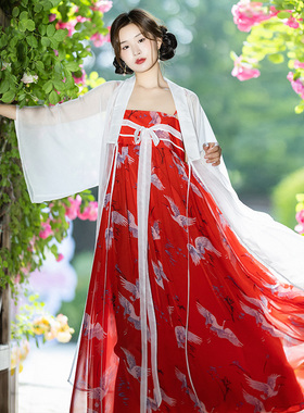 特惠【仙鹤容止】复古汉服开衫改良齐胸吊带裙女夏季雪纺印花套装