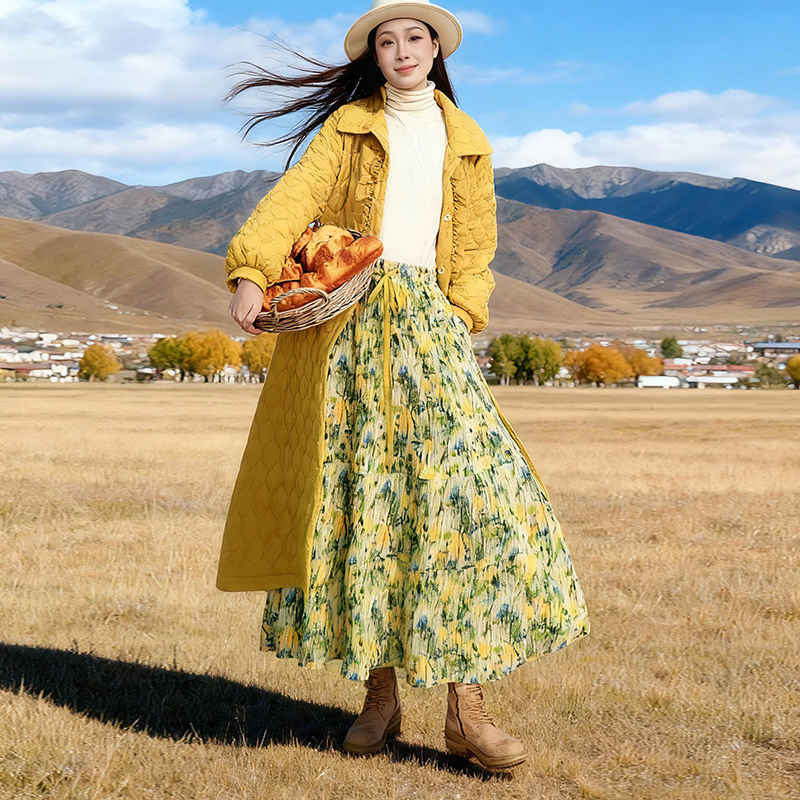 复古长款丝绒半身裙女秋冬季花裙