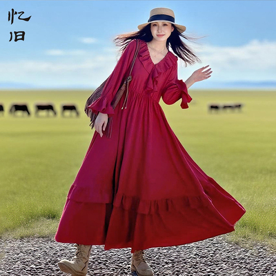 文艺大裙摆连衣裙女秋季红色裙