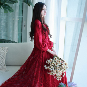 【199专区】早秋气质红色连衣裙长袖新款植绒蕾丝长裙小个子女装