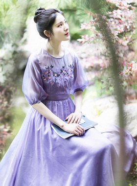 【现货】雪纺连衣裙女夏季2026新款泡泡袖圆领长裙气质紫色裙子仙