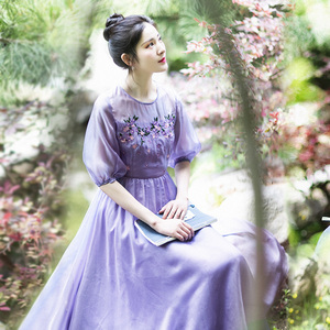 【现货】雪纺连衣裙女夏季2026新款泡泡袖圆领长裙气质紫色裙子仙