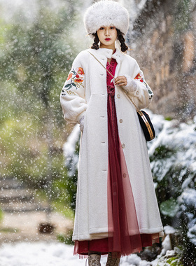 【现货】裙摆式风衣毛绒外套女2025秋冬季新款白色加绒加厚大衣