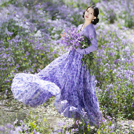 【紫萝藤蔓】复古波浪大摆半身长裙女2026年夏季雪纺印花紫色裙子