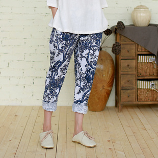 【特惠】忆旧亚麻女装休闲裤女裤印花女裤2025新款九分裤直筒长裤