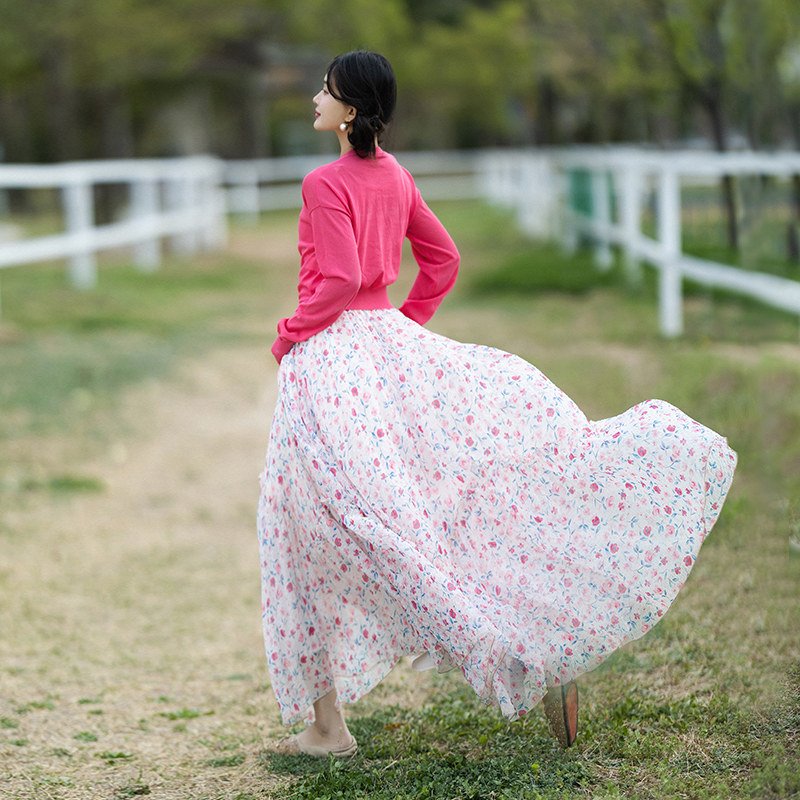 波浪抽褶印花半身裙女夏季粉色裙