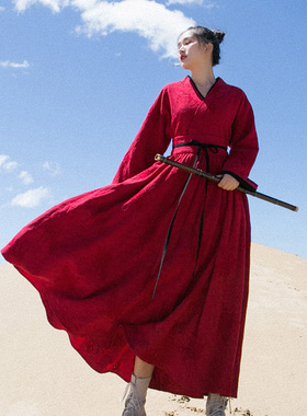 【现货】棉麻记秋装款红色长裙子 长袖秋季连衣裙女 改良汉服交领