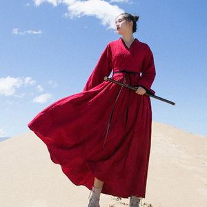 【现货】棉麻记秋装款红色长裙子 长袖秋季连衣裙女 改良汉服交领