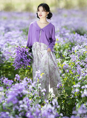 【紫梦星河】文艺紫色印花吊带裙外搭针织防晒开衫女2026春夏新款