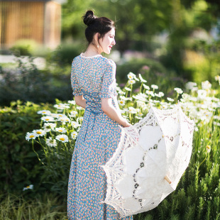 158元 气质雪纺长裙泡泡袖 区 碎花裙款 裙 改良旗袍连衣裙女夏季