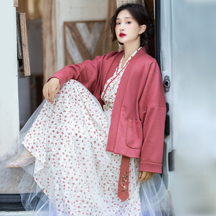 短款 早秋国风套装 毛呢外套白色蕾丝印花连衣裙女 胭脂清梦 现货