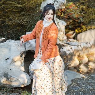 现货 文艺木耳边针织开衫 外套女冬季 灯芯绒印花半身裙 绒绒暖意