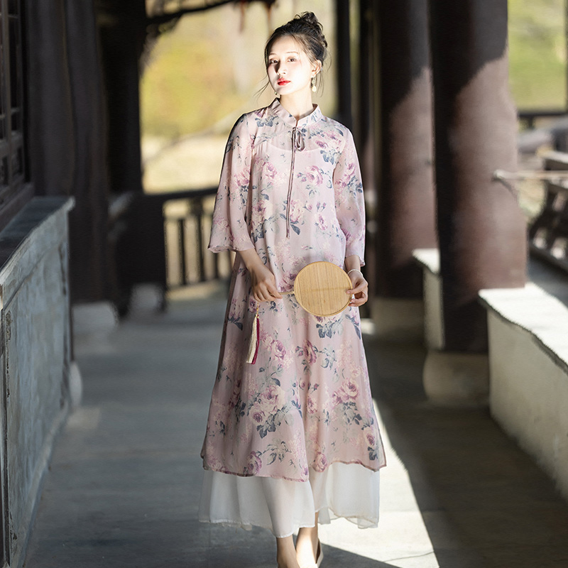 夏季仿真丝印花旗袍连衣裙女新款