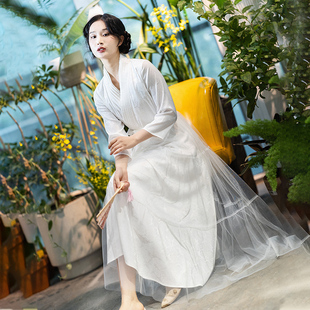 现货【七里笙】白色仿真丝提花连衣裙女春夏新款V领网纱拼接长裙