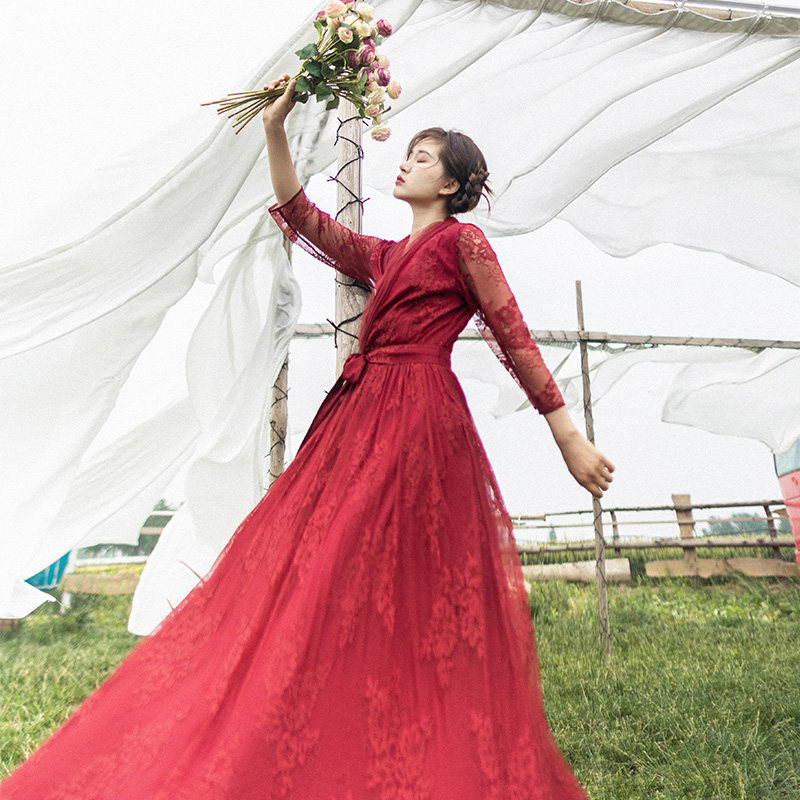 现货【相思引】蕾丝连衣裙女夏季新款复古红色长裙高腰大摆裙子仙,女装/女士精品,连衣裙,淘宝优惠券,粉丝福利购,淘宝优惠卷