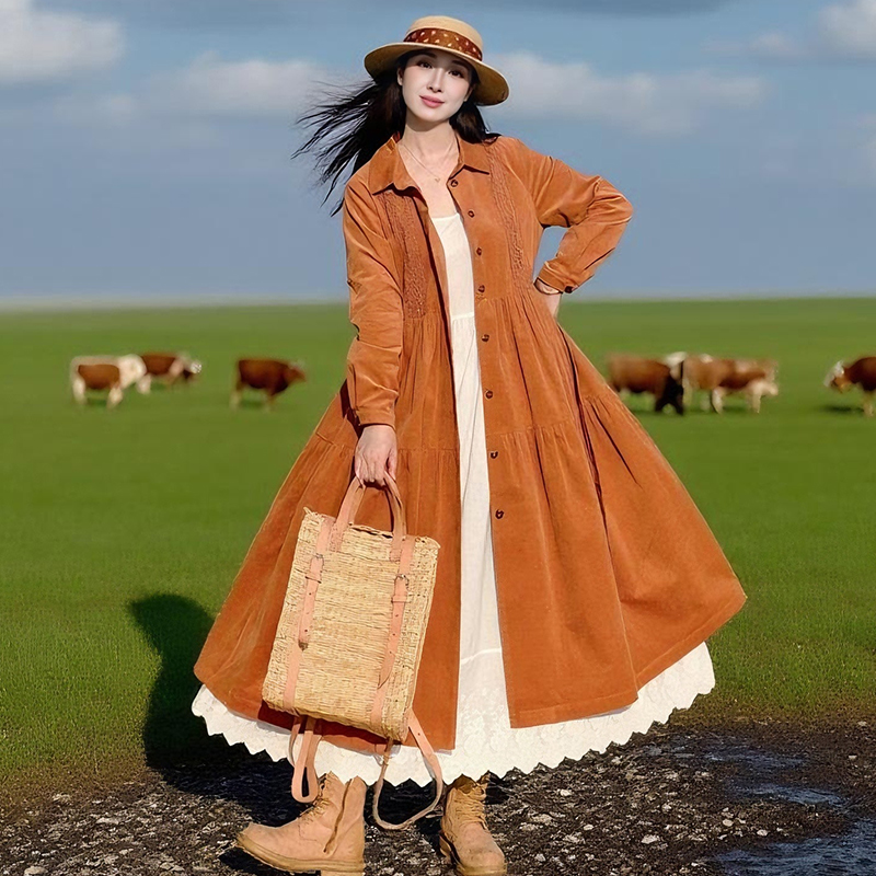 复古灯芯绒风衣外套女秋长款大衣