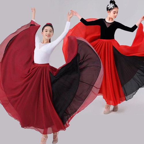 儿童720度大摆裙两面穿半身裙民族舞蹈裙古典舞裙雪纺双层开叉裙