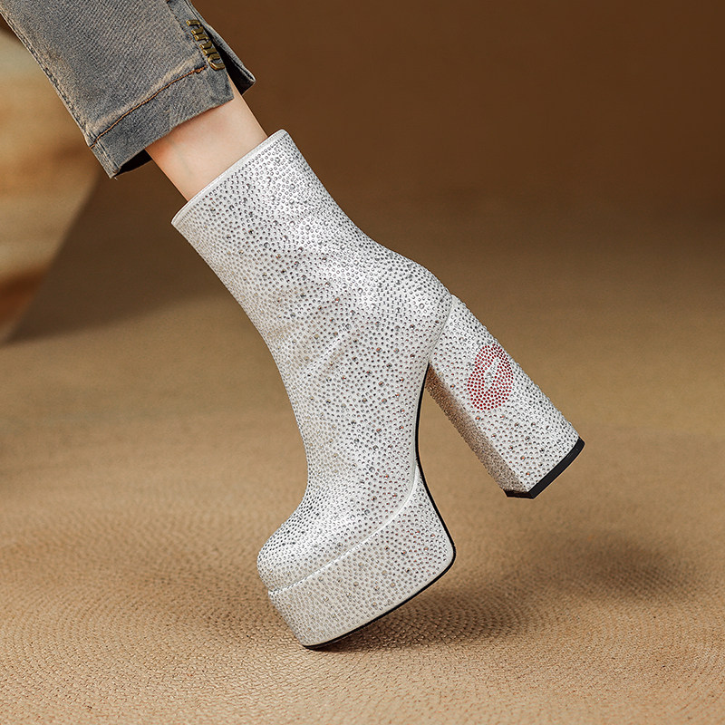 13cm防水台超高跟短靴女粗跟尖头女靴真皮防水台短靴气质名媛靴子