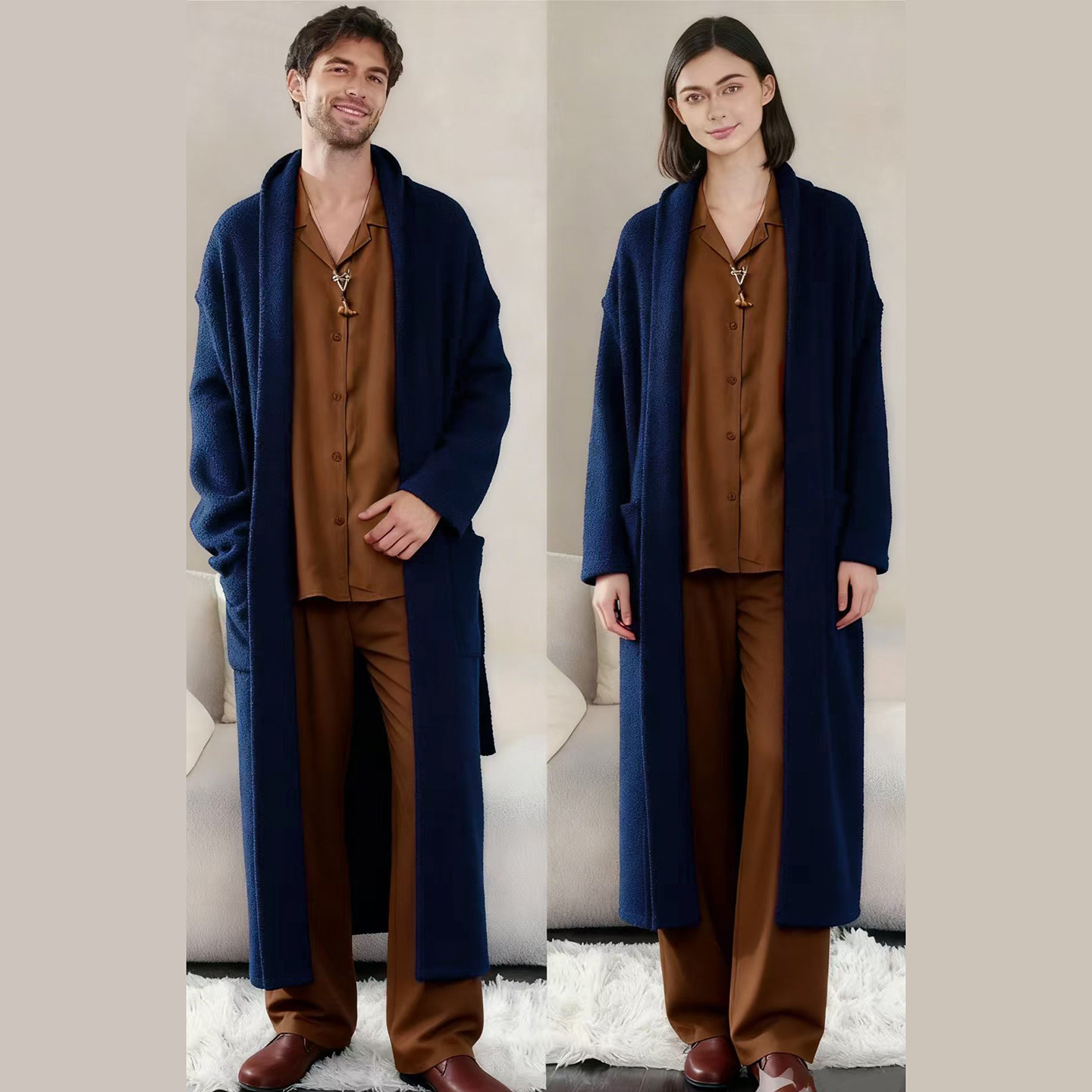 普鲁士蓝全纯棉毛巾料睡袍浴袍四季厚保暖男女同款情侣款洗澡游泳