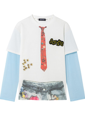 SOFITTE 25AW假两件T恤长袖趣味领带牛仔裤印花宽松上衣男女同款