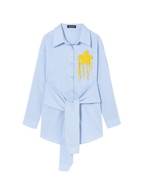 SOFITTE 25AW蓝色毛织星星绑带收腰条纹衬衫连衣裙显瘦休闲慵懒风