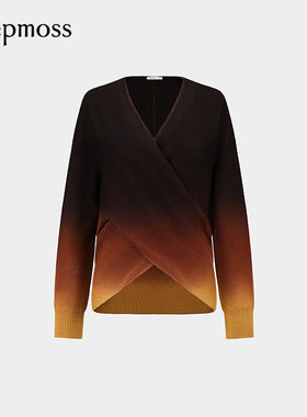 【deepmoss】2025秋冬新款女士设计感玛瑙棕渐变吊染交叠羊毛衫