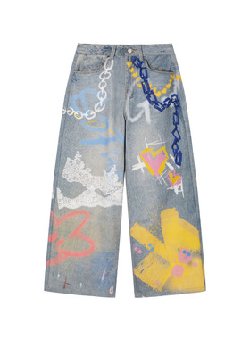 【鹿晗 左航 赵磊同款】SOFITTE 涂鸦泼墨牛仔裤3D印花阔腿裤男女