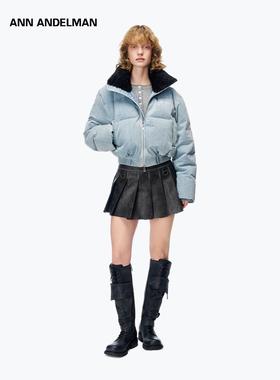 【明星同款】ANN ANDELMAN牛仔短款羽绒服外套蓝色毛领加厚面包服