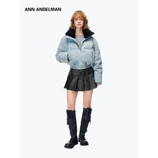 【明星同款】ANN ANDELMAN牛仔短款羽绒服外套蓝色毛领加厚面包服