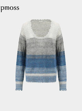 【deepmoss】2025秋冬新款女士时尚闪葱渐变条纹羊毛混纺罩衫