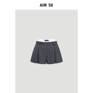 新品 休闲双腰西装 AIM 女士 褶裥精裁短裤