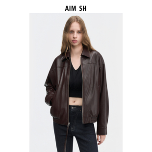 SH直营女士 AIM 光泽感飘带皮质harrington皮衣外套 新品