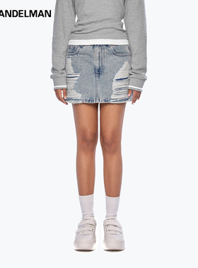 ANN ANDELMAN蓝色a字复古做旧破坏包臀短裙牛仔半裙女夏