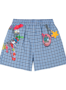 SOFITTE 25AW蓝色格纹短裤女3D立体链条印花高腰宽松显瘦潮酷热裤