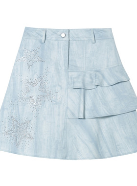 SOFITTE 25AW蓝色星星半身裙女高腰百褶裙烫钻设计感a字裙潮酷