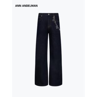 ANN ANDELMAN男女同款原色牛仔裤秋冬锁炼烫钻宽松直筒阔腿裤