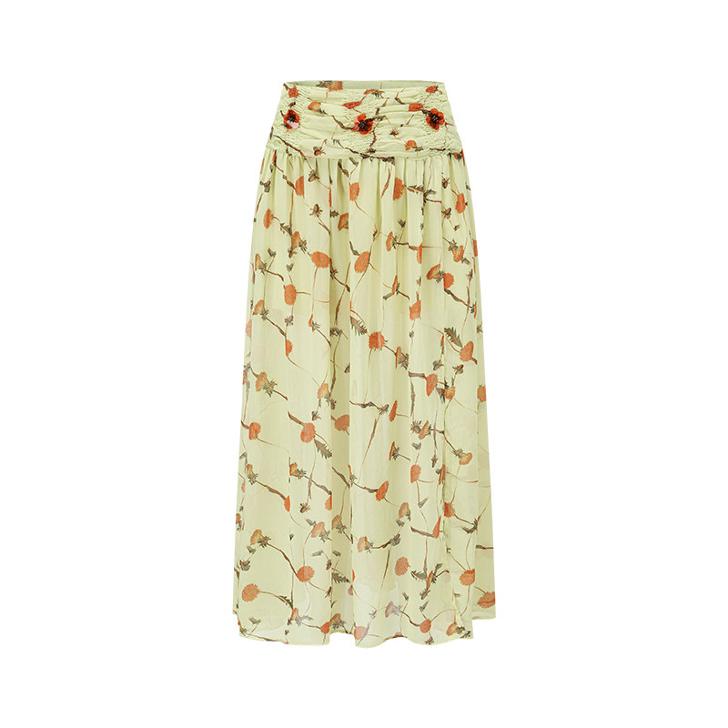 SHROENRO碎花抽褶直筒半身裙女