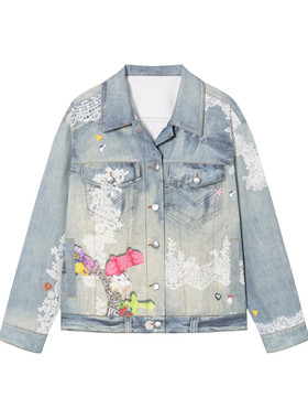 SOFITTE 25AW蕾丝链条3D立体打印牛仔夹克美式复古风宽松外套男女