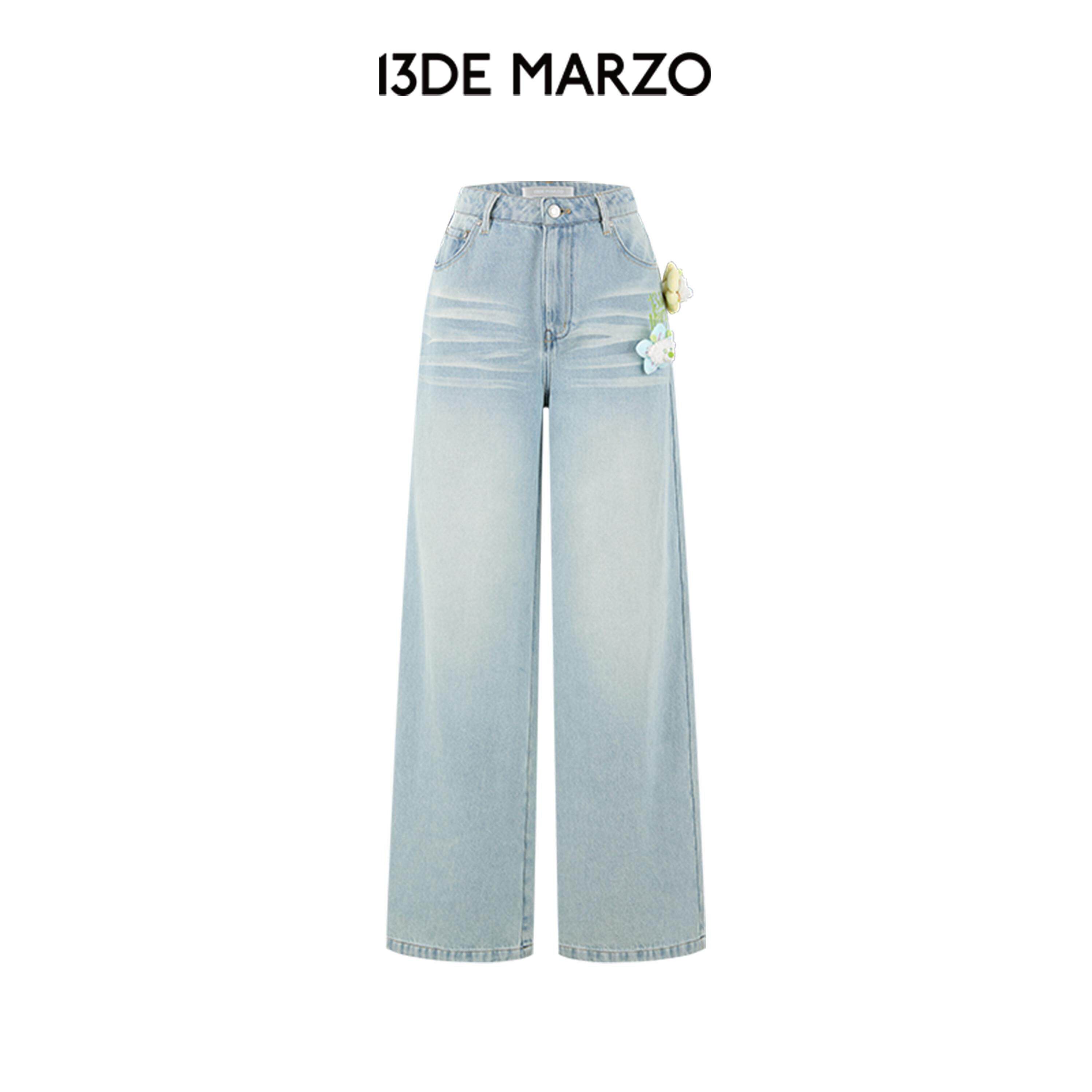 13DE MARZO女士 2026春夏新款花朵玩偶口袋印花牛仔长裤休闲裤